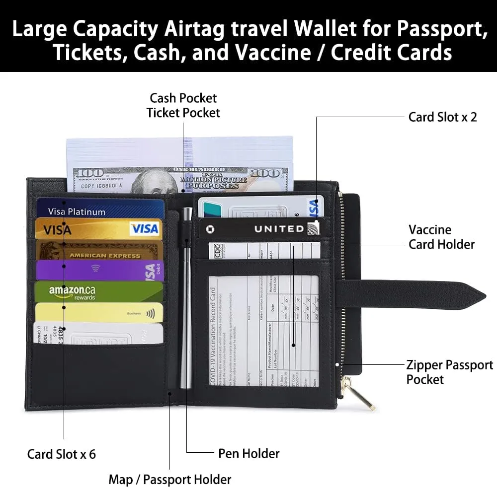 Passport Holder for Women, RFID Blocking Travel Wallet Case Compatible Airtag Pocket with Credit Card Holders, Slim Thin Leather Passport Wallet with Zipper