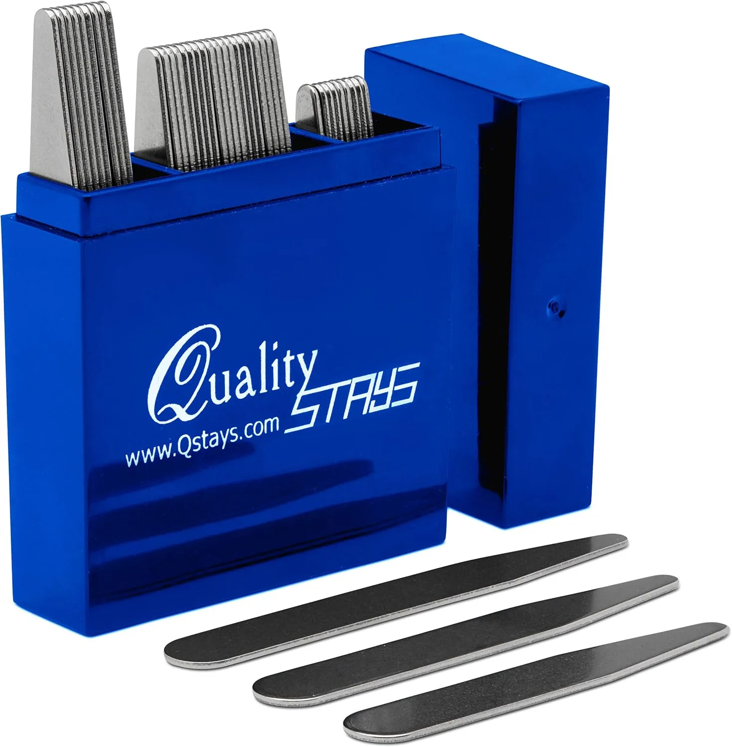 Quality Stays 40 Metal Collar Stays for Men's Dress Shirts ??3 Sizes in Divided Sapphire Box