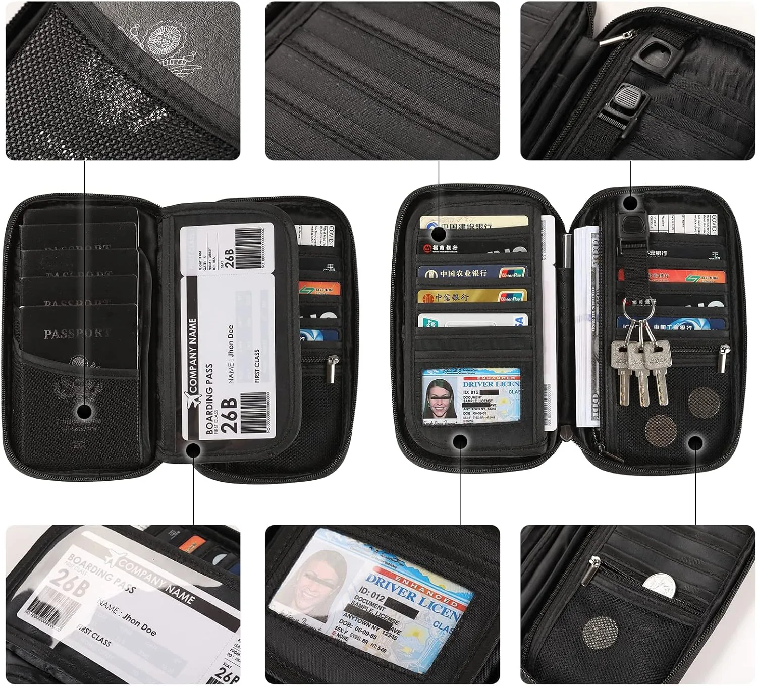 RFID Passport Holder for Family - Large Passport Wallet Holder with Zipper Pocket, Lightweight Portable Travel Document Organizer, Floral Black
