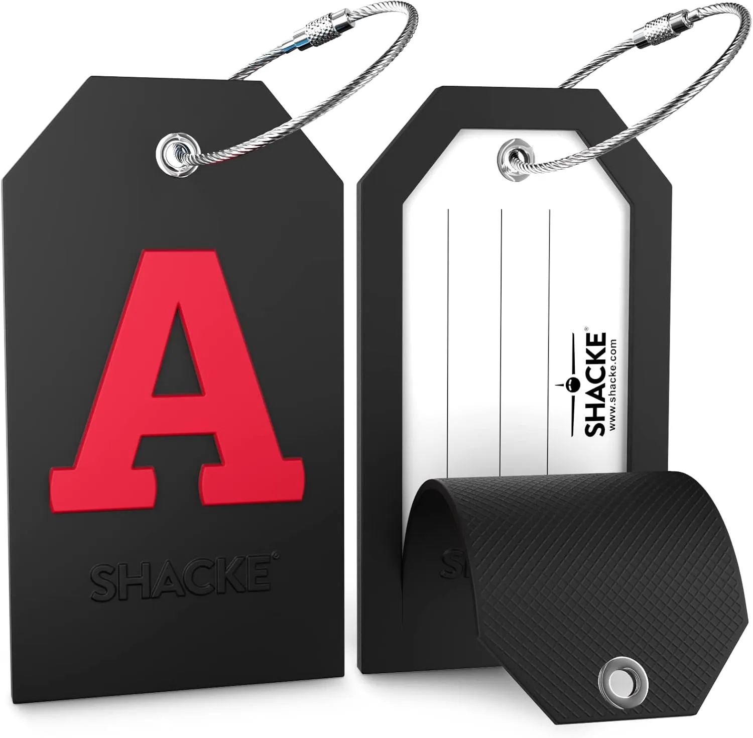Shacke Large Luggage Tag Initial with Full Privacy Cover and Stainless Steel Loop - Black (Letter A)