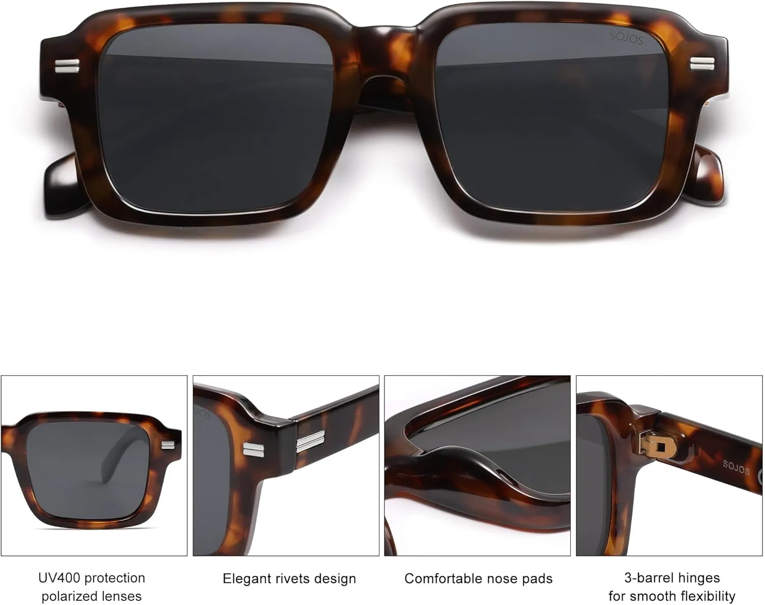 SOJOS Trendy Square Polarized Sunglasses for Women Men, 70s 80s Retro Vintage Rectangle Shades SJ2345