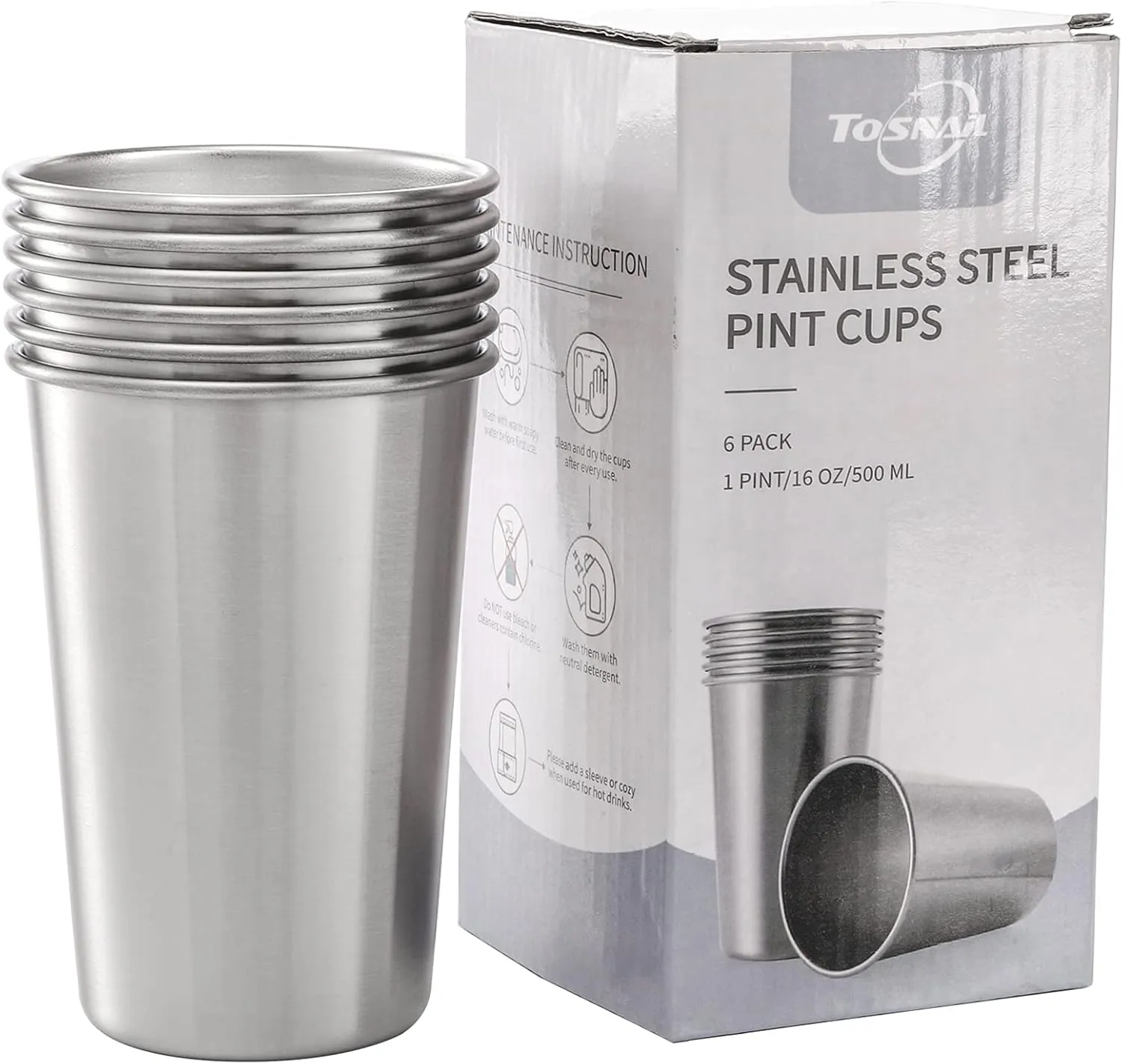 Tosnail 6 Pack 16 oz Stainless Steel Pint Cups Metal Cups Unbreakable Drinking Glasses Water Tumblers for Kids, Adults Indoor and Outdoor Use - Silver