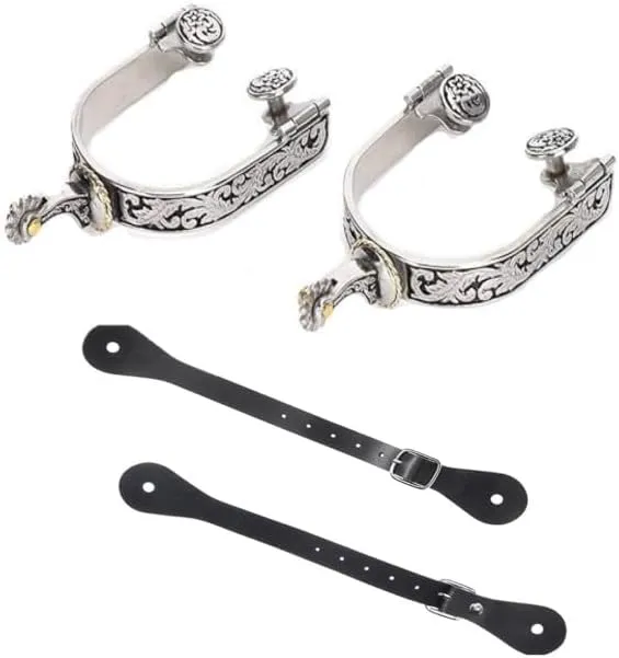 Western Cowboy Spurs, Paired with 6 Holes Spurs Belt, Stainless Steel Western Horse Spurs with Rotatable Gear, Leather Spur Straps Retro Fine Workmanship Men Women Horse Boot Spurs for Equestrian