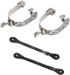Western Cowboy Spurs, Paired with 6 Holes Spurs Belt, Stainless Steel Western Horse Spurs with Rotatable Gear, Leather Spur Straps Retro Fine Workmanship Men Women Horse Boot Spurs for Equestrian