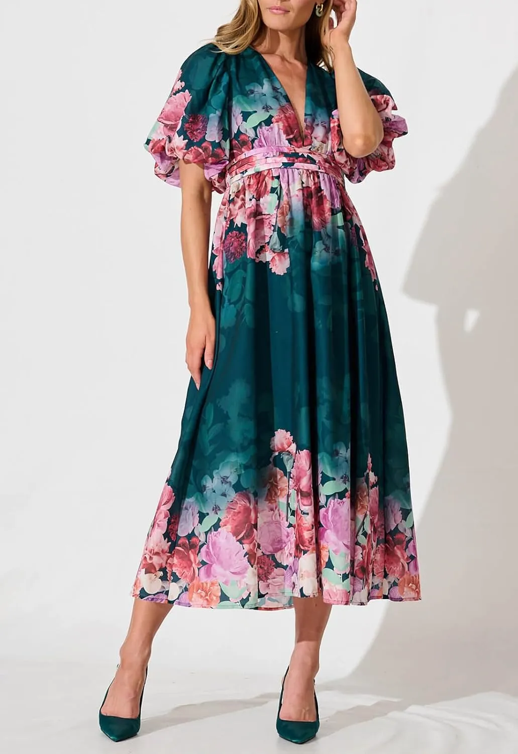 Women's Boho Floral Print Midi Dress Short Sleeve Summer Long Dress