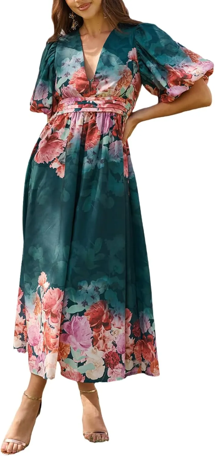 Women's Boho Floral Print Midi Dress Short Sleeve Summer Long Dress