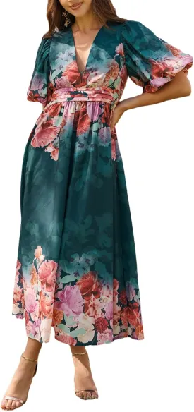Women's Boho Floral Print Midi Dress Short Sleeve Summer Long Dress