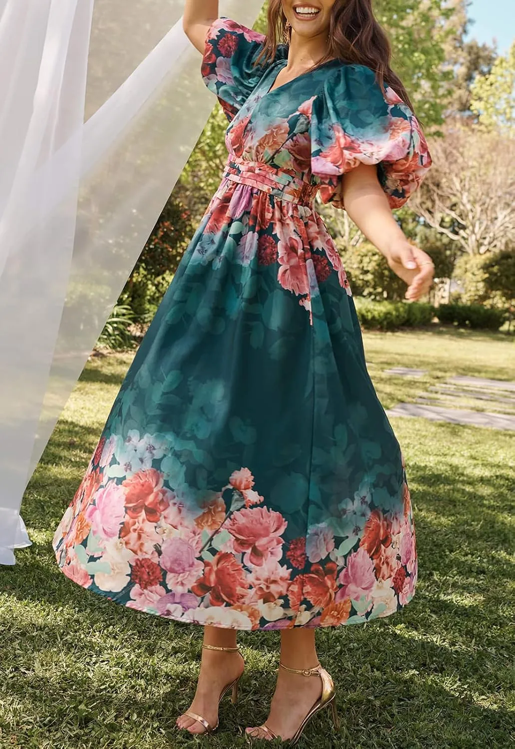 Women's Boho Floral Print Midi Dress Short Sleeve Summer Long Dress