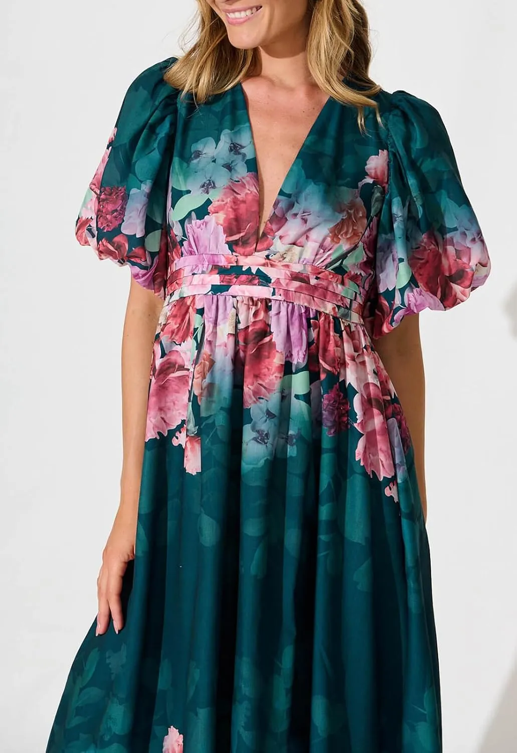 Women's Boho Floral Print Midi Dress Short Sleeve Summer Long Dress