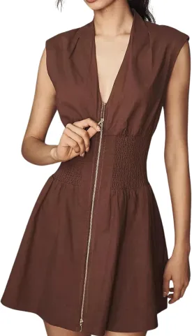 Womens V Neck Summer Dress Cap Sleeve Zipper Mini Dress Smocked Slit Dress with Pockets