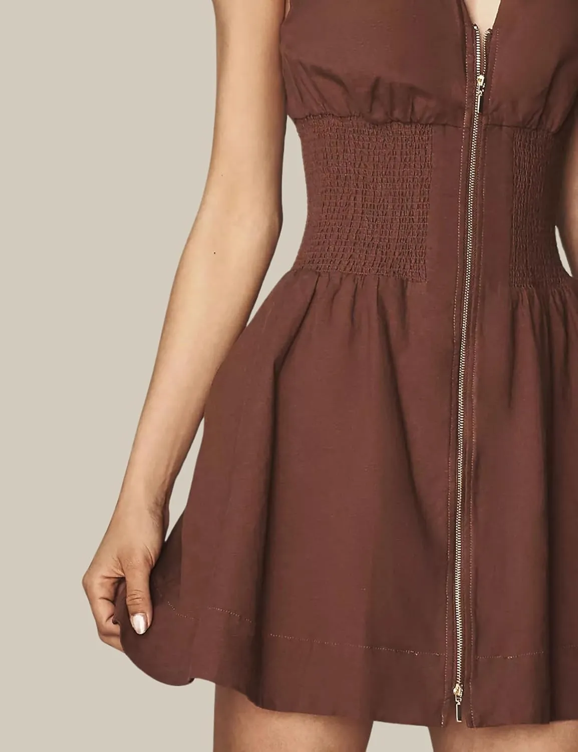Womens V Neck Summer Dress Cap Sleeve Zipper Mini Dress Smocked Slit Dress with Pockets
