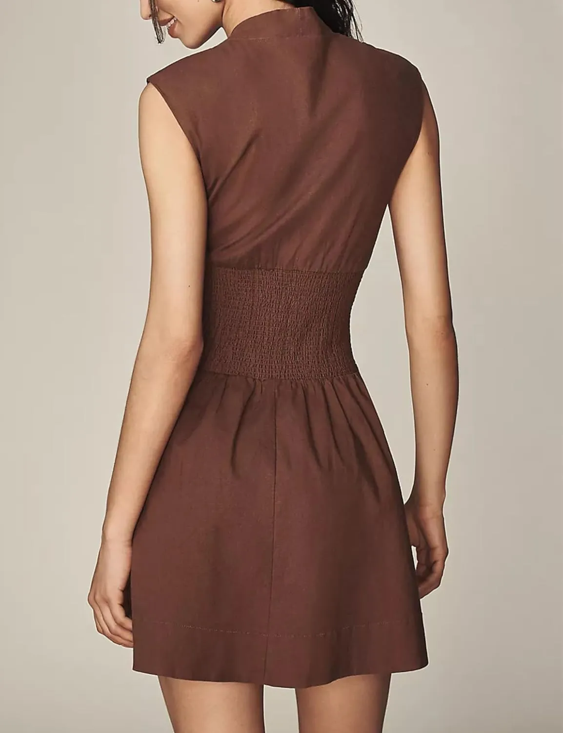 Womens V Neck Summer Dress Cap Sleeve Zipper Mini Dress Smocked Slit Dress with Pockets