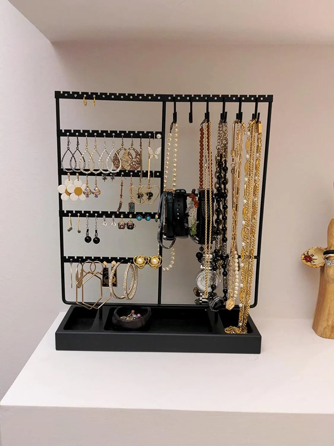 X-cosrack Earring Holder, Ear Stud Organizer with Wooden Tray,Earring Display Stand with 360?? Rotating Necklace Holder,Jewelry Organizer Stand for Earrings Bracelets Watches and Rings,Black