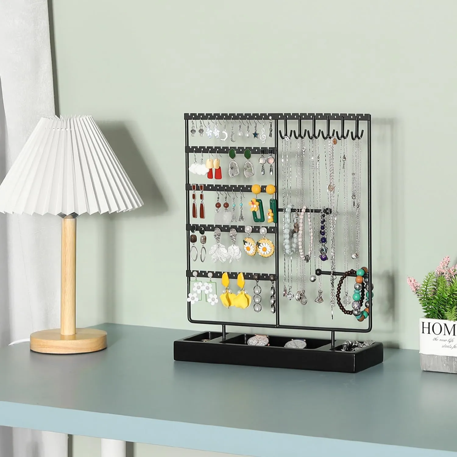 X-cosrack Earring Holder, Ear Stud Organizer with Wooden Tray,Earring Display Stand with 360?? Rotating Necklace Holder,Jewelry Organizer Stand for Earrings Bracelets Watches and Rings,Black