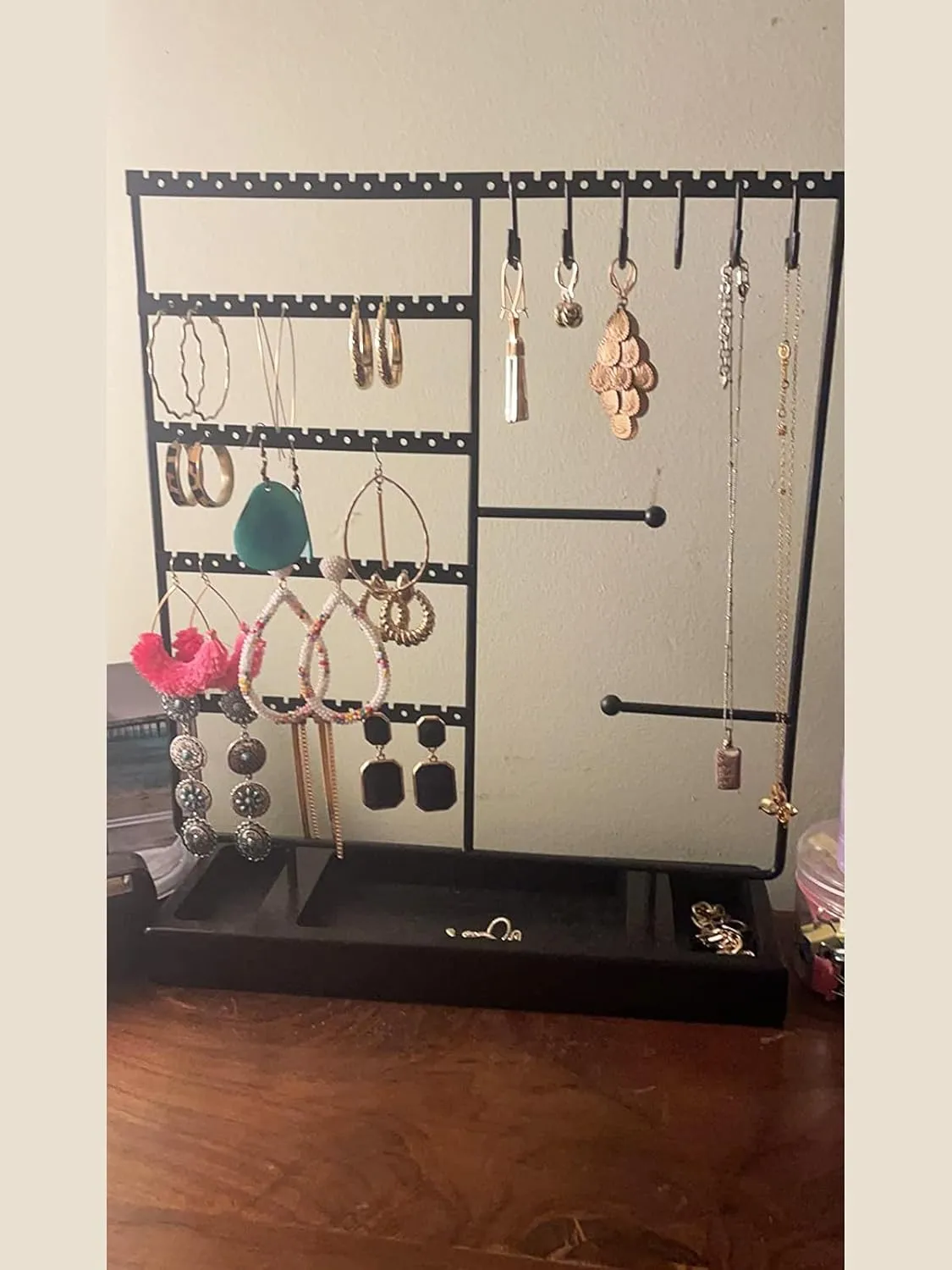 X-cosrack Earring Holder, Ear Stud Organizer with Wooden Tray,Earring Display Stand with 360?? Rotating Necklace Holder,Jewelry Organizer Stand for Earrings Bracelets Watches and Rings,Black