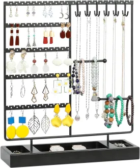 X-cosrack Earring Holder, Ear Stud Organizer with Wooden Tray,Earring Display Stand with 360?? Rotating Necklace Holder,Jewelry Organizer Stand for Earrings Bracelets Watches and Rings,Black